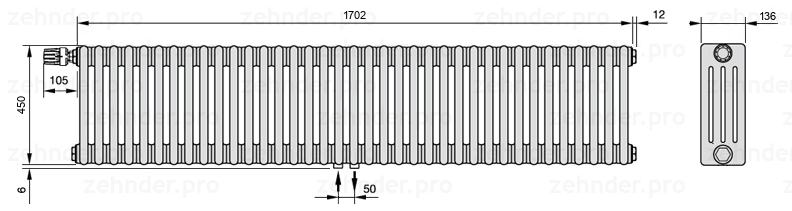 Схема (чертеж) Радиатор Zehnder Charleston 4045/37 №V007 Белый глянцевый RAL 9016